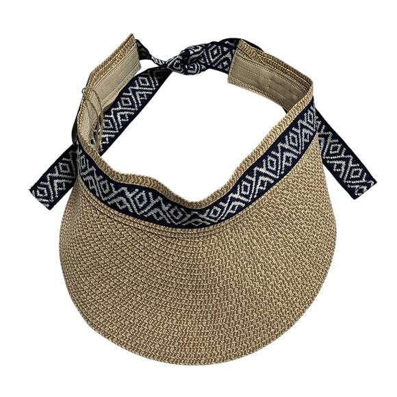 Womens Sea & Grass Straw Visor Sunvisor Sun Hat with Navy Blue Ties NWT - Picture 2 of 9